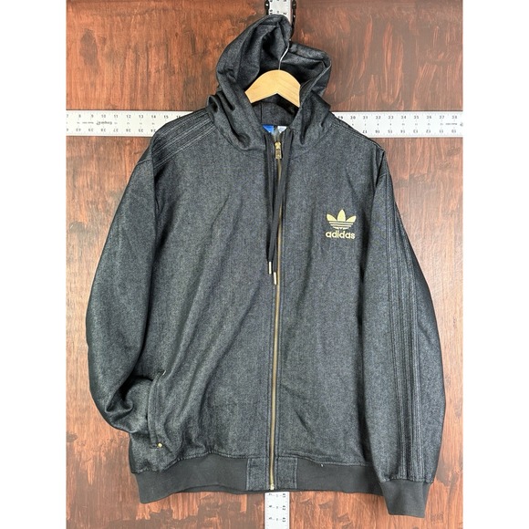 Adidas Originals Denim Bomber Jacket Firebird Trefoil Black Gold Men's 2XL 2011 - Picture 1 of 10